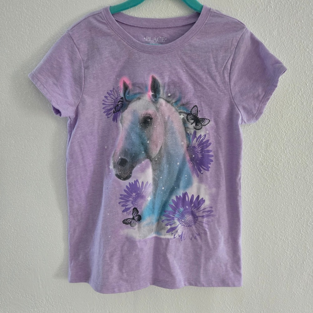 The Childrens Place‎ Girls Purple Horse Graphic T-Shirt Size M 7/8 Lilac Floral